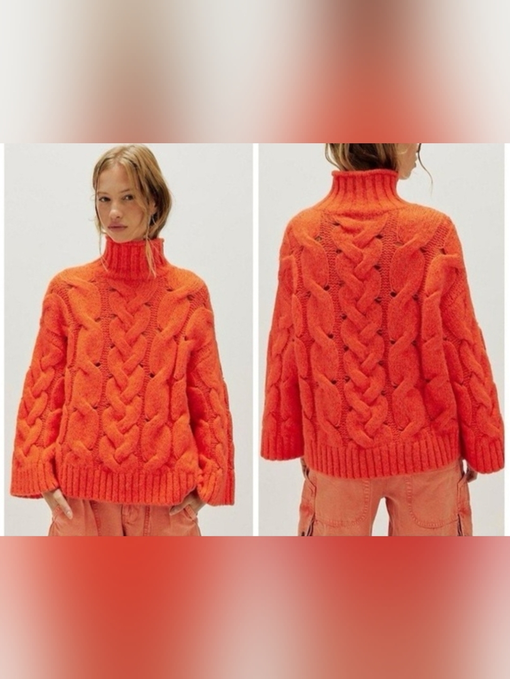 Free People Tango Orange Chunky Cable Turtleneck Sweater Women's Size Small NWT